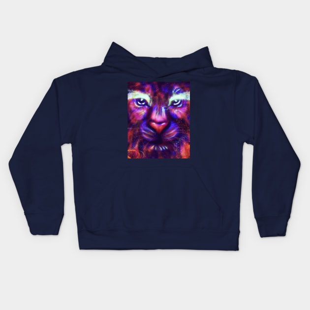 Purple Galaxy Lion Kids Hoodie by AnnArtshock